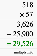 How to calculate 518 times 57 using long multiplication