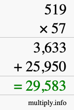 How to calculate 519 times 57 using long multiplication