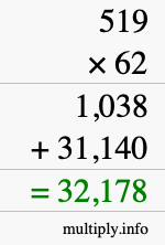 How to calculate 519 times 62 using long multiplication