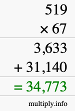 How to calculate 519 times 67 using long multiplication