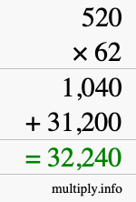 How to calculate 520 times 62 using long multiplication