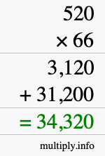 How to calculate 520 times 66 using long multiplication