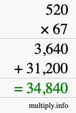 How to calculate 520 times 67 using long multiplication