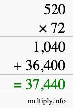How to calculate 520 times 72 using long multiplication