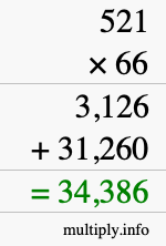 How to calculate 521 times 66 using long multiplication