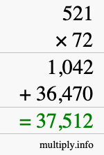 How to calculate 521 times 72 using long multiplication