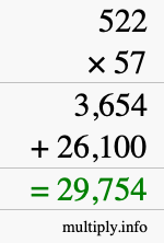 How to calculate 522 times 57 using long multiplication
