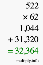 How to calculate 522 times 62 using long multiplication