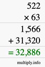 How to calculate 522 times 63 using long multiplication