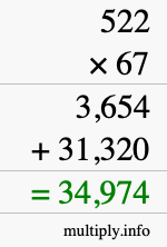 How to calculate 522 times 67 using long multiplication
