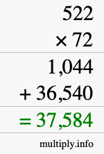 How to calculate 522 times 72 using long multiplication