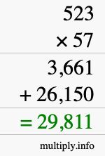 How to calculate 523 times 57 using long multiplication