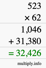 How to calculate 523 times 62 using long multiplication