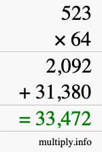 How to calculate 523 times 64 using long multiplication
