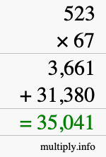How to calculate 523 times 67 using long multiplication
