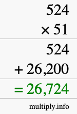 How to calculate 524 times 51 using long multiplication