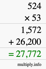 How to calculate 524 times 53 using long multiplication