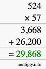 How to calculate 524 times 57 using long multiplication