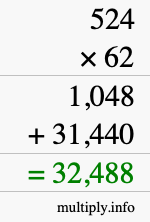 How to calculate 524 times 62 using long multiplication