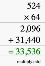How to calculate 524 times 64 using long multiplication