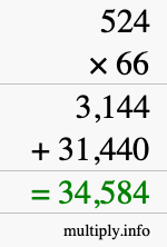 How to calculate 524 times 66 using long multiplication