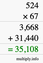 How to calculate 524 times 67 using long multiplication