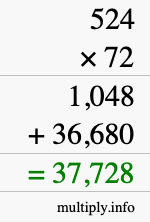 How to calculate 524 times 72 using long multiplication