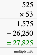 How to calculate 525 times 53 using long multiplication