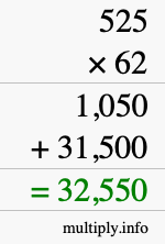 How to calculate 525 times 62 using long multiplication