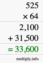 How to calculate 525 times 64 using long multiplication
