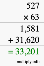 How to calculate 527 times 63 using long multiplication
