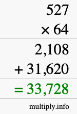 How to calculate 527 times 64 using long multiplication