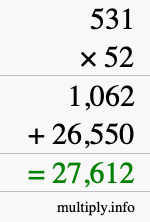 How to calculate 531 times 52 using long multiplication