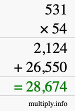How to calculate 531 times 54 using long multiplication
