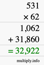 How to calculate 531 times 62 using long multiplication