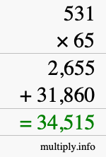 How to calculate 531 times 65 using long multiplication
