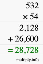 How to calculate 532 times 54 using long multiplication