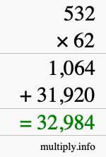 How to calculate 532 times 62 using long multiplication