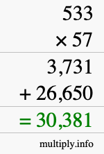 How to calculate 533 times 57 using long multiplication