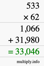 How to calculate 533 times 62 using long multiplication