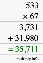 How to calculate 533 times 67 using long multiplication