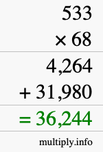 How to calculate 533 times 68 using long multiplication