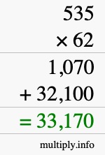 How to calculate 535 times 62 using long multiplication