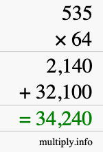 How to calculate 535 times 64 using long multiplication