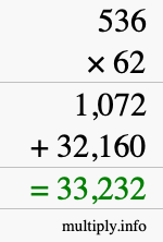 How to calculate 536 times 62 using long multiplication