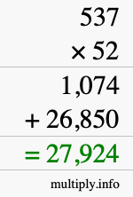 How to calculate 537 times 52 using long multiplication