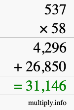 How to calculate 537 times 58 using long multiplication