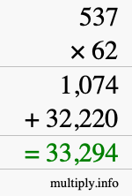 How to calculate 537 times 62 using long multiplication
