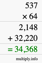 How to calculate 537 times 64 using long multiplication