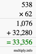 How to calculate 538 times 62 using long multiplication